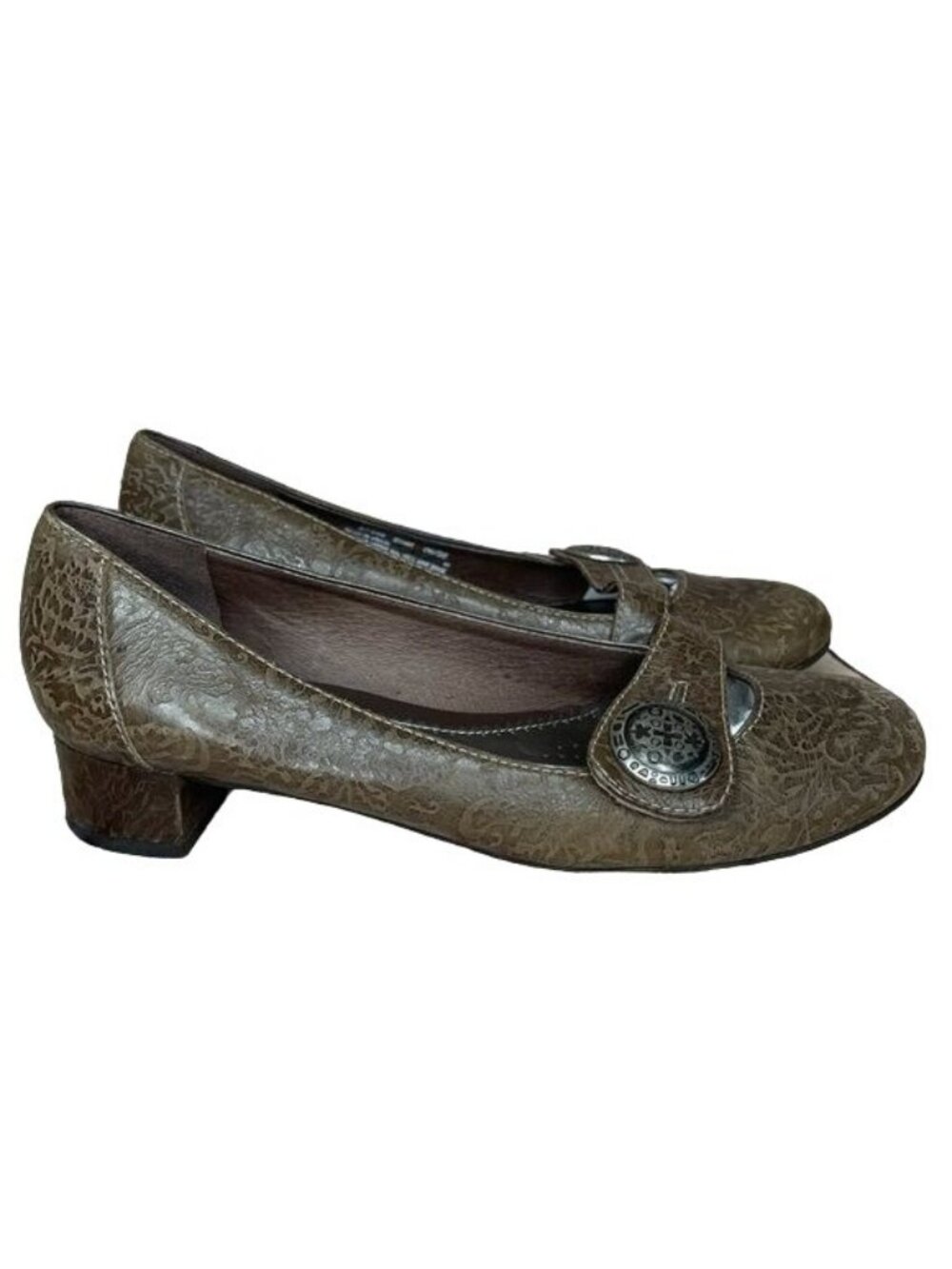 Clarks Floral Tooled Brown Leather Slip On Heel Sz 6.5